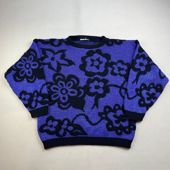Vintage Flower Art Sweater Adult Small Purple Black Knit Floral Hippie Abstract - Picture 1 of 9